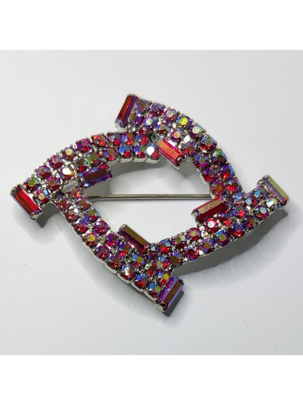 Vintage 1950s Art Deco Revival Brooch Red Blue AB Crystal Prong Set Baguettes